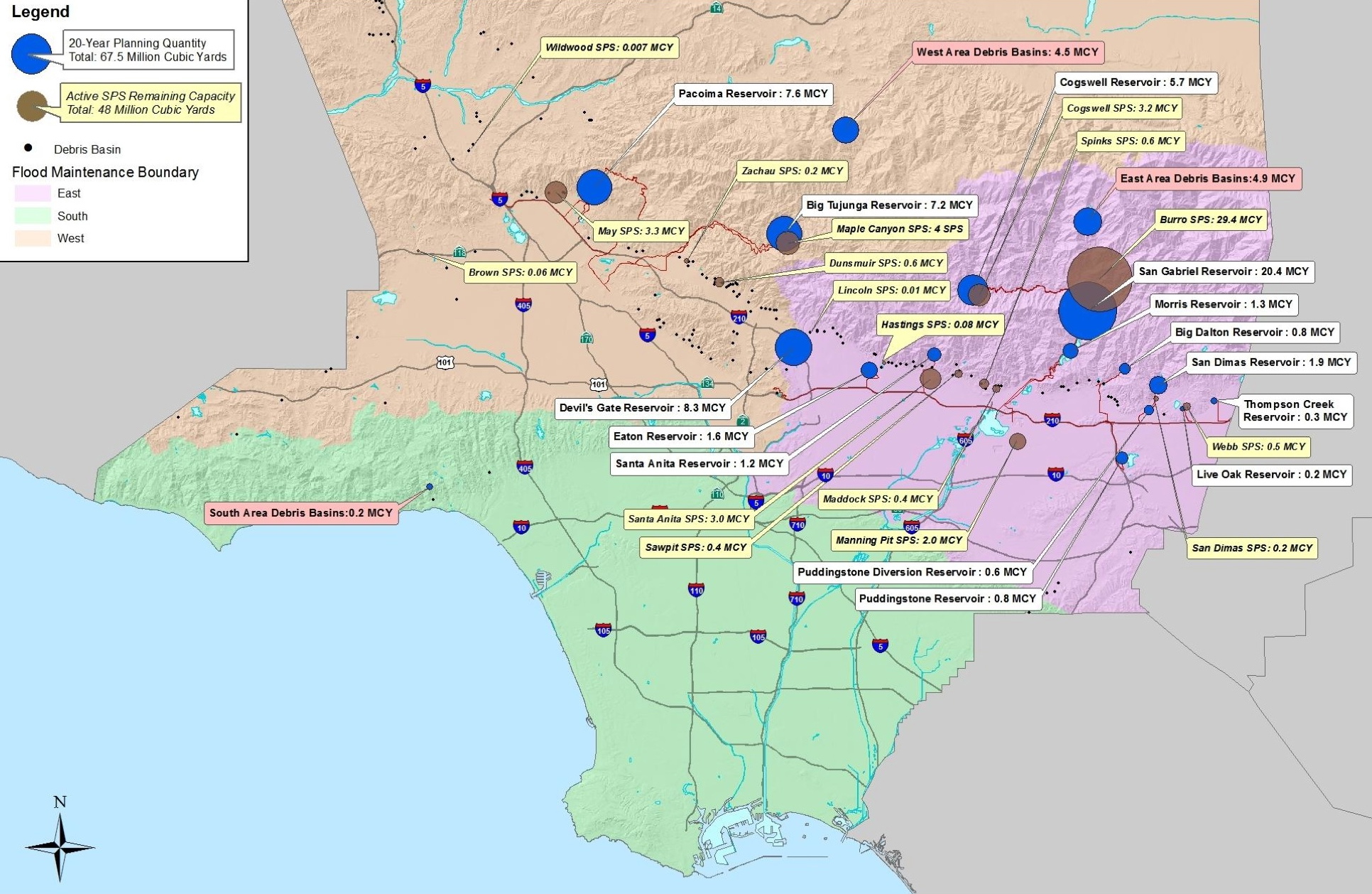 Map of LA County's 14 dams and 162 debris basins. Source: LACDPW Sediment Management Strategic Plan 2012-2032