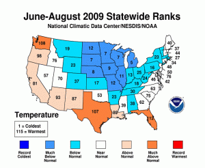 Summer 2009 Temperature rankings. Source: NOAA