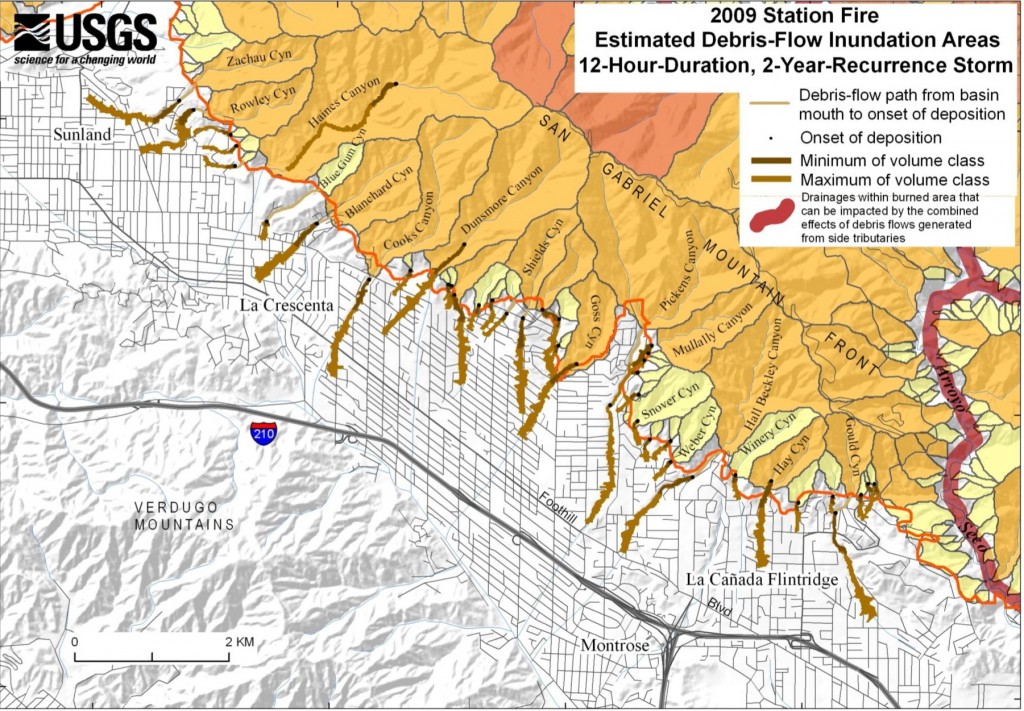 Figure 7B from the USGS report "Emergency Assessment of Postfire Debris-Flow Hazards  for the 2009 Station Fire, San Gabriel Mountains, Southern  California"  The image shows the area that may be inundated by debris-flow deposits with the estimated volume class range for each basin when all sediment-retention basins are full in response to the 12-hour-duration, 2-year-recurrence storm.    