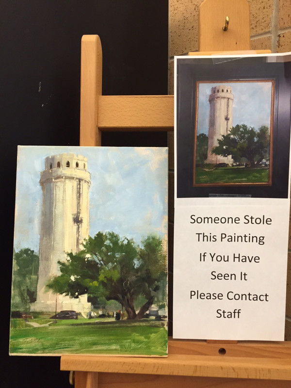 A stolen painting of the Waldo Water Tower was returned to the Waldo Branch of the Kansas City Library with a remorseful note. Click on the image for more from Artnet news.